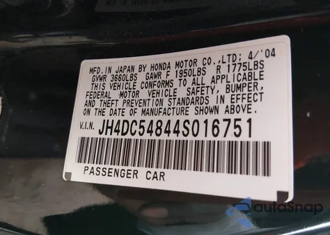 2004 Acura Rsx Premium from USA, damaged, VIN JH4DC54844S016751
